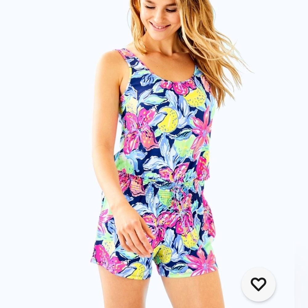 Lilly Pulitzer Bright Floral Navy Multi Scoop Neck Romper